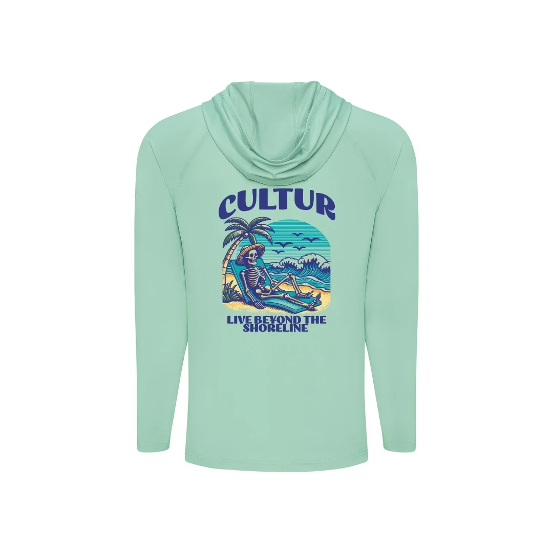 Cultur mint green long sleeve hooded performance shirt with skeleton graphic on beach