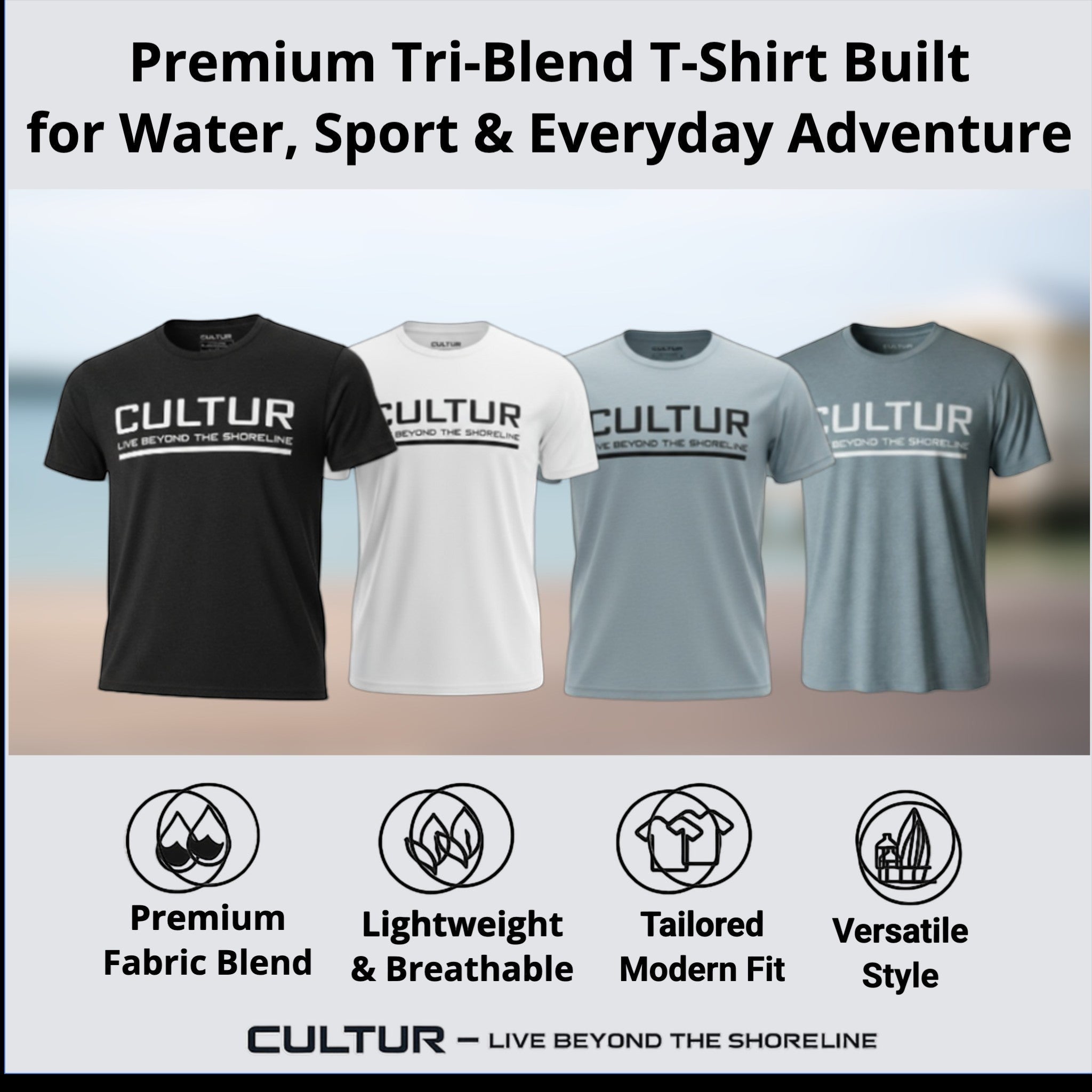 CULTUR premium tri-blend t-shirts in black, white, and stonewash. Features CULTUR logo.