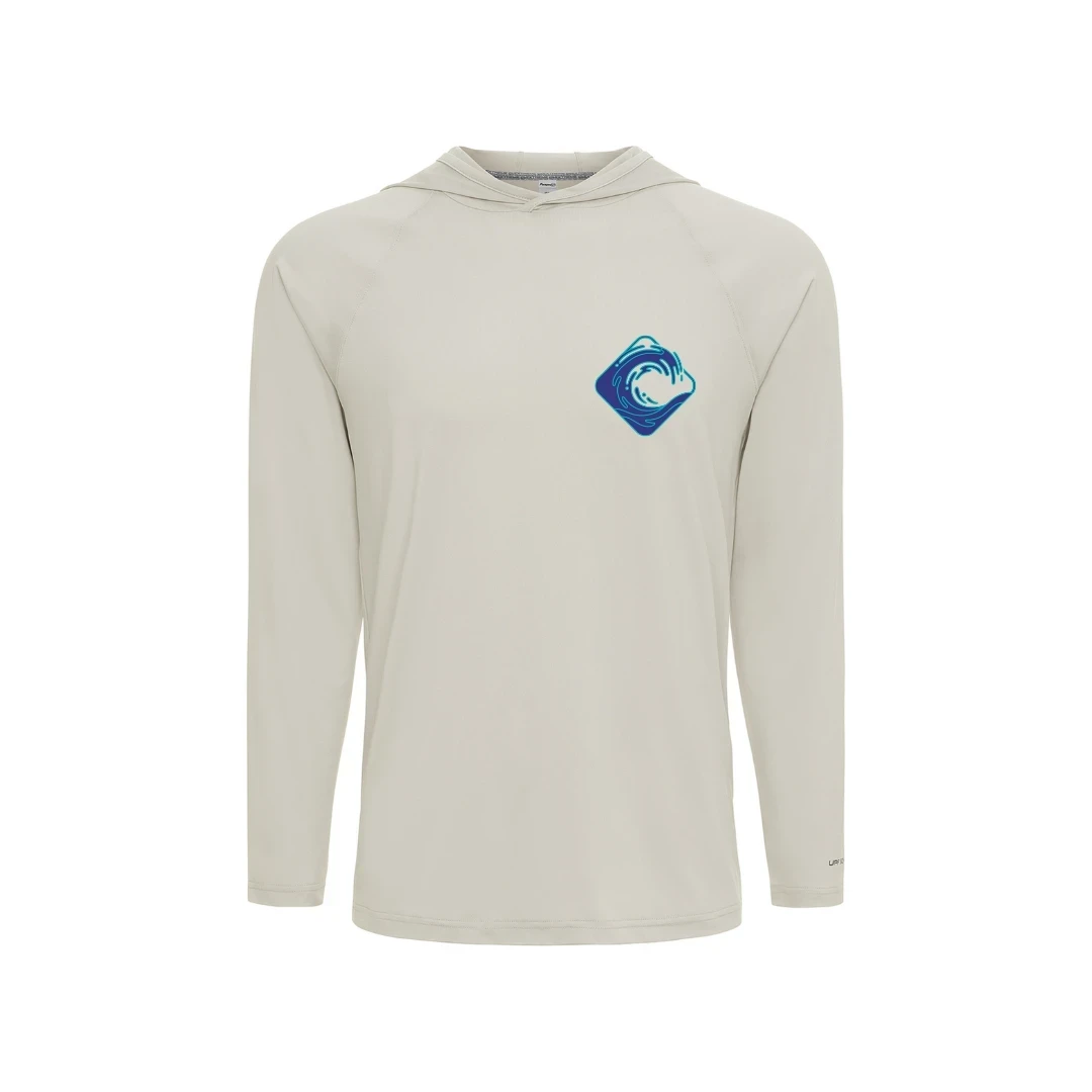 CULTUR sand long sleeve hooded performance shirt with blue wave logo on chest. Lightweight, breathable fabric for outdoor activities.