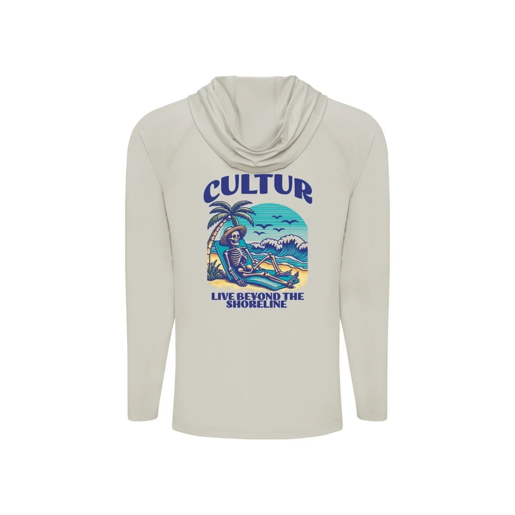 Cultur long sleeve hooded performance shirt in light beige with a skeleton graphic on a beach chair, palm tree, and ocean waves.