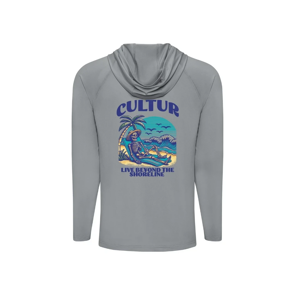 Cultur grey long sleeve hooded performance shirt with skeleton on beach graphic and "Live Beyond The Shoreline" text.