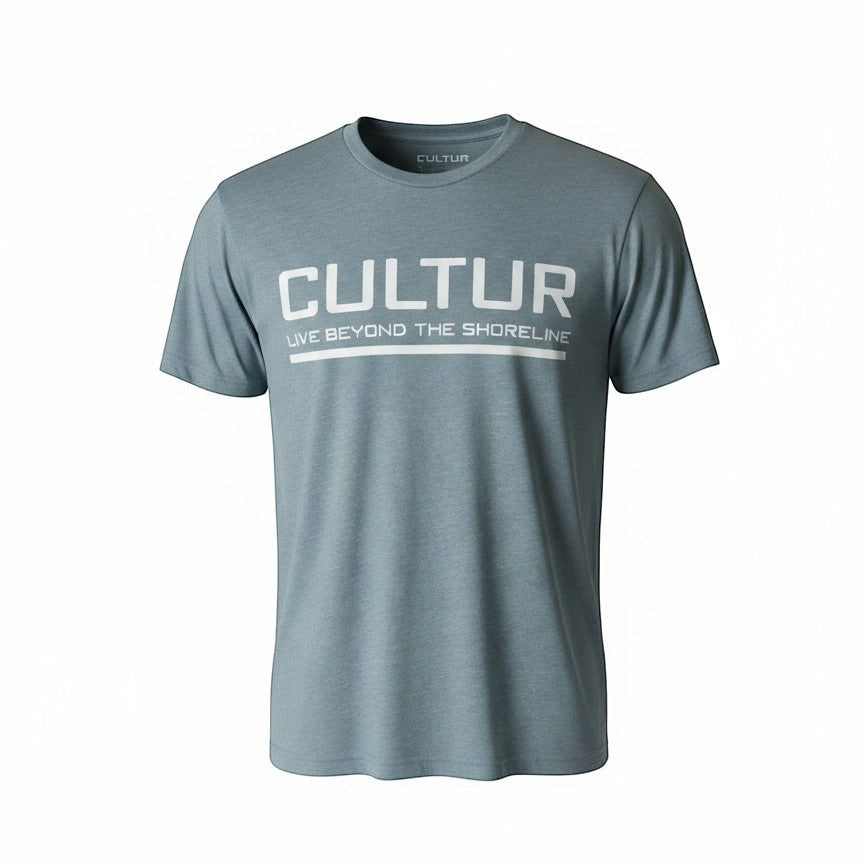 CULTUR stonewash tri-blend t-shirt with white logo print and crew neck. Lightweight and breathable.