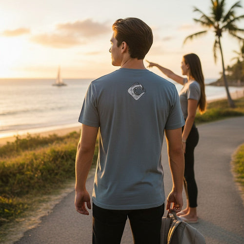 CULTUR men's grey tri-blend t-shirt with wave logo on back, athletic fit, ribbed crew neck, and tagless comfort.