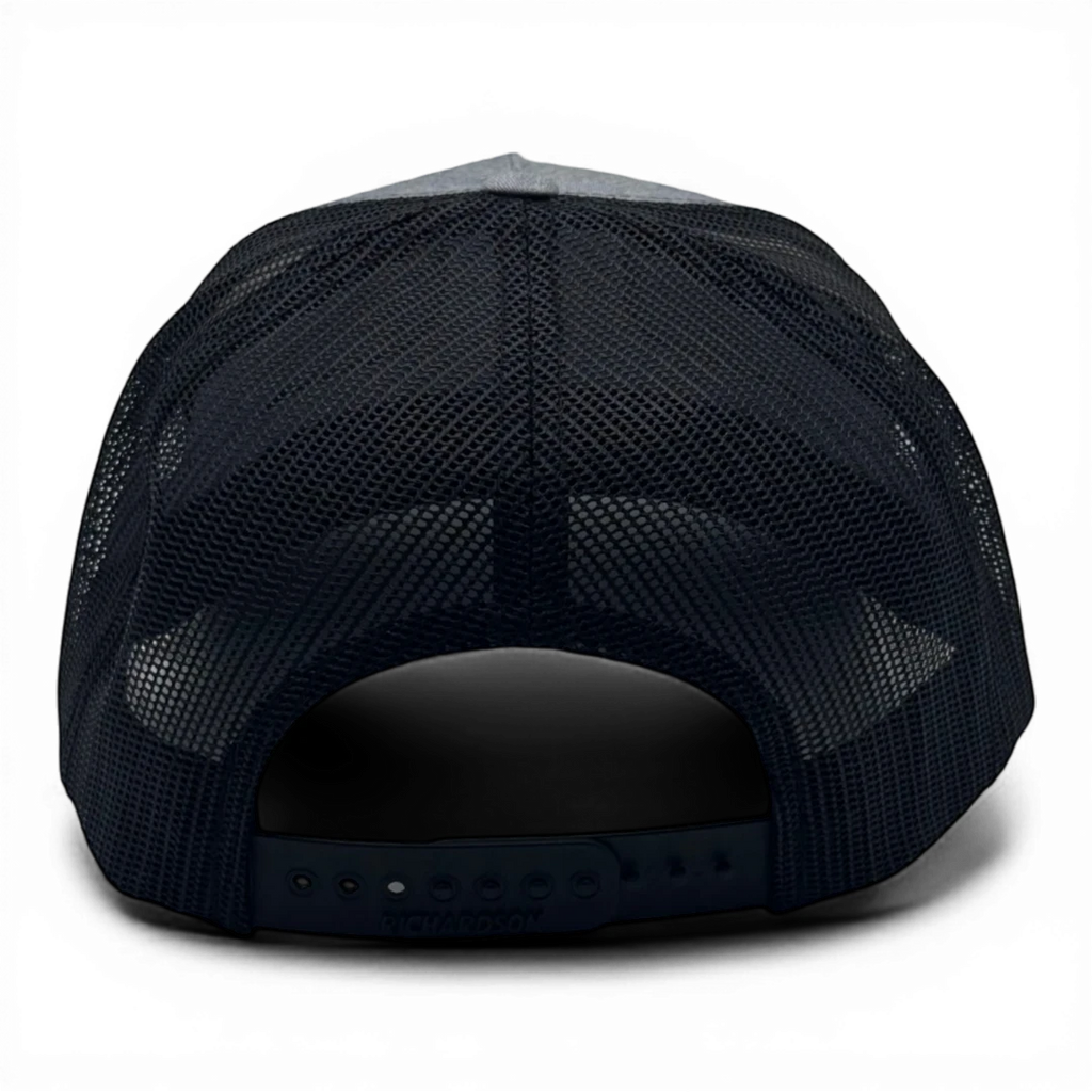 CULTUR Topo Trucker Hat with grey front panel and black mesh back. Adjustable snapback closure.