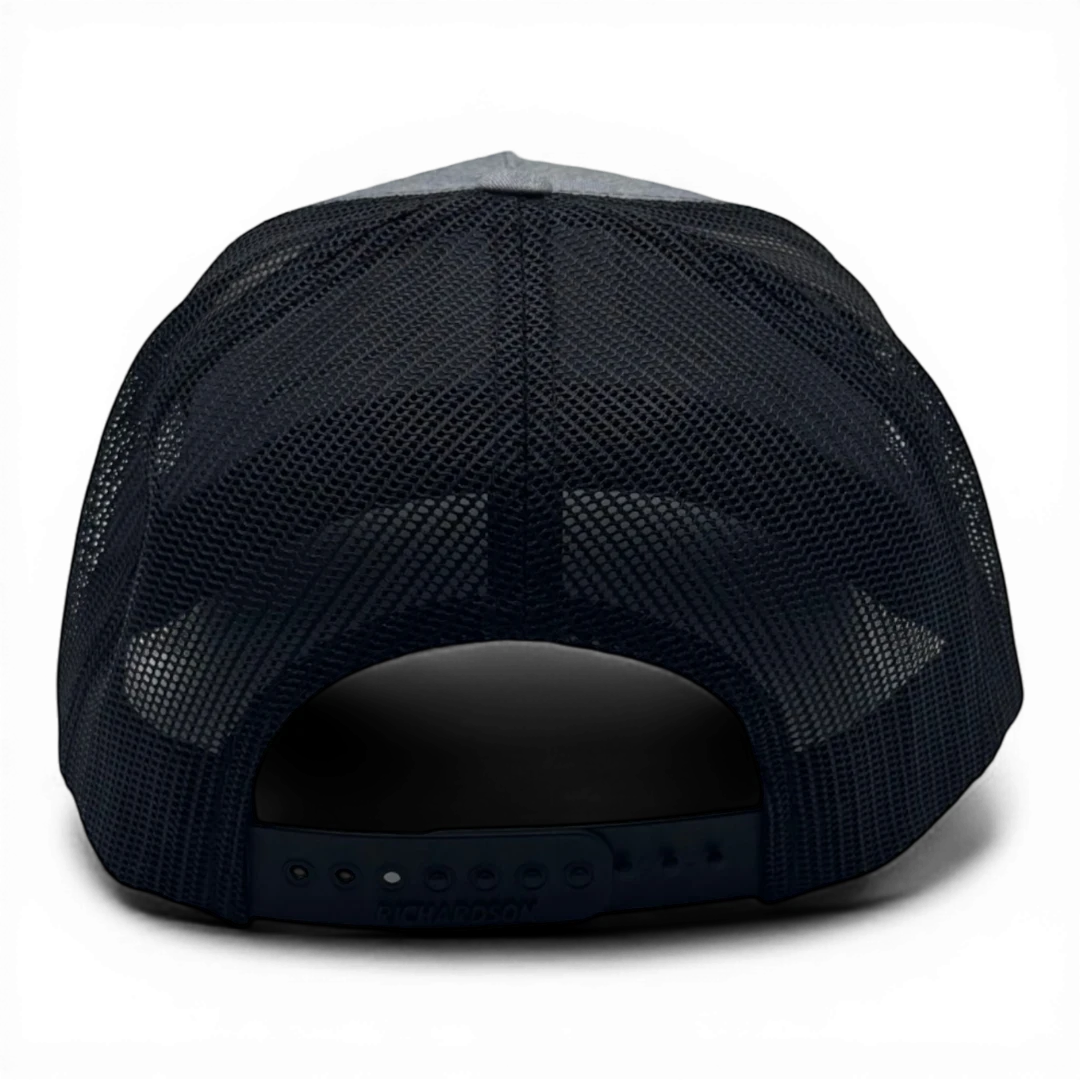 CULTUR Topo Trucker Hat with grey front panel and black mesh back. Adjustable snapback closure.