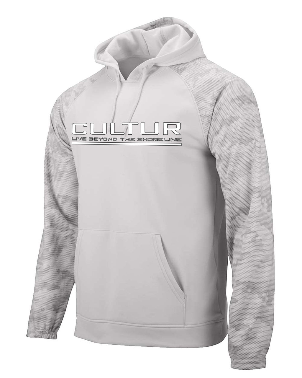 CULTUR aluminum white hoodie with grey digital camo raglan sleeves and a front kangaroo pocket.