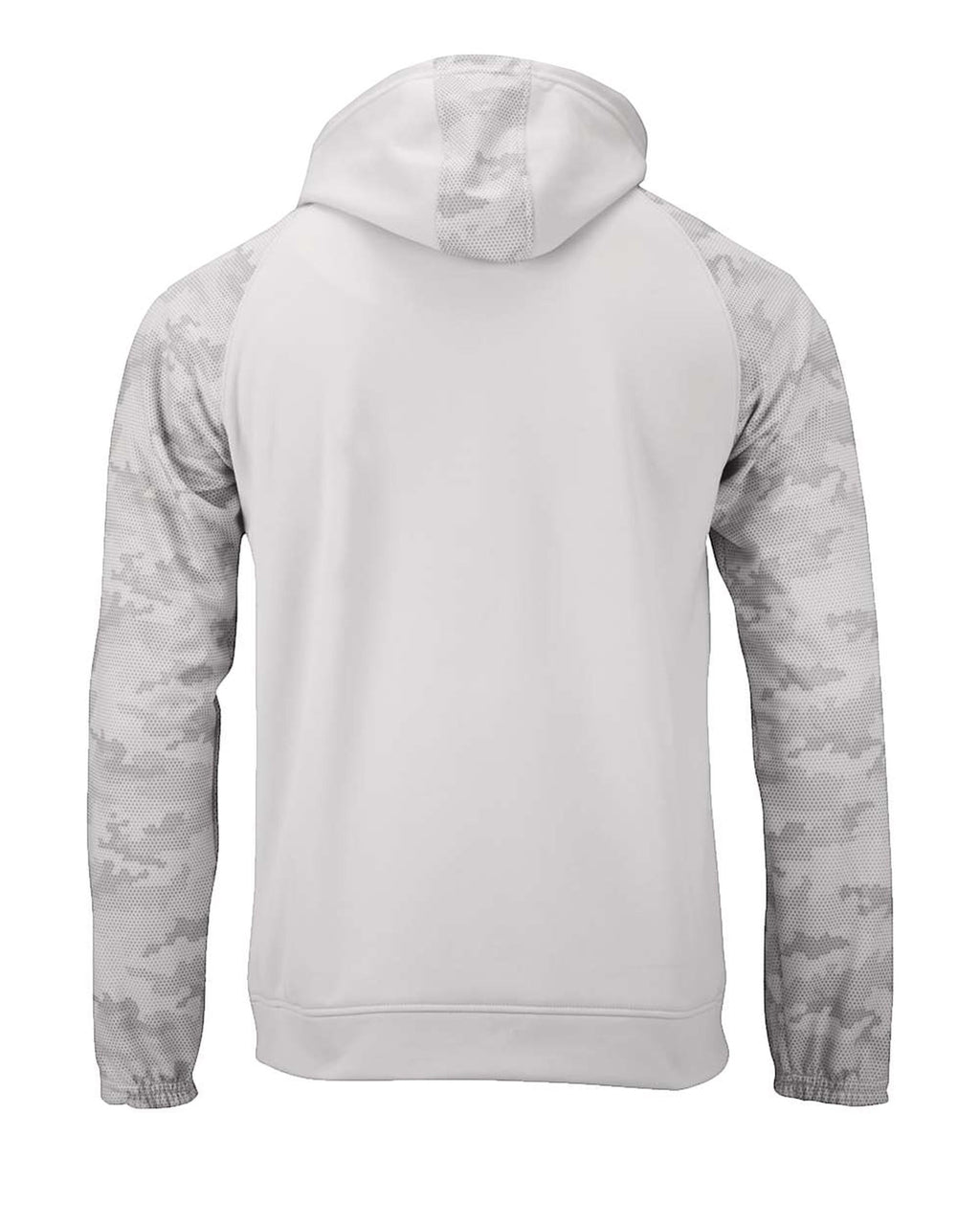 CULTUR white microfiber performance polyester hoodie with grey digital camouflage sleeves and hood accent. Features athletic raglan sleeves, kangaroo pocket, and adjustable hood.
