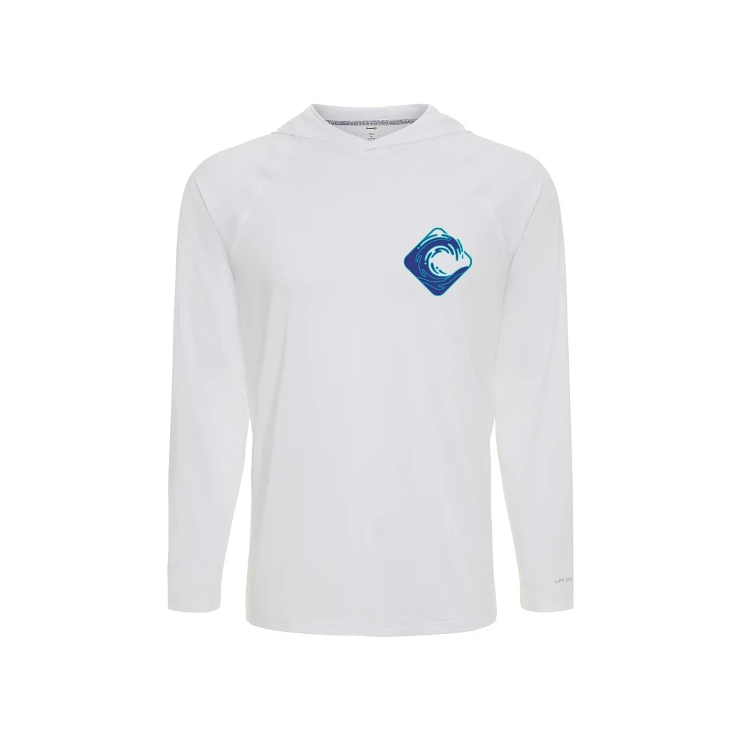 CULTUR white long sleeve hooded performance shirt with blue wave logo on chest, UPF 50+ protection.