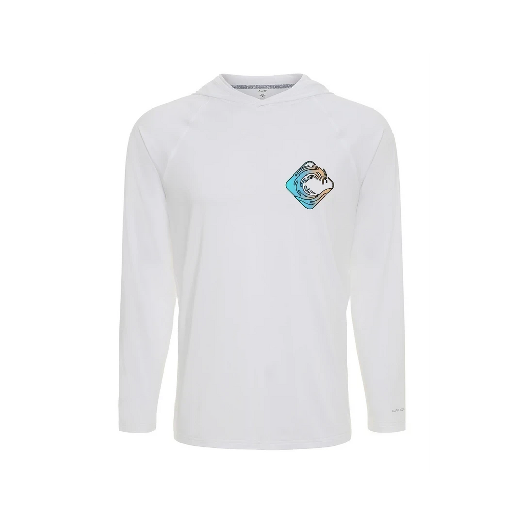 CULTUR white long sleeve hooded performance shirt with a wave graphic logo on the chest, ideal for outdoor activities.