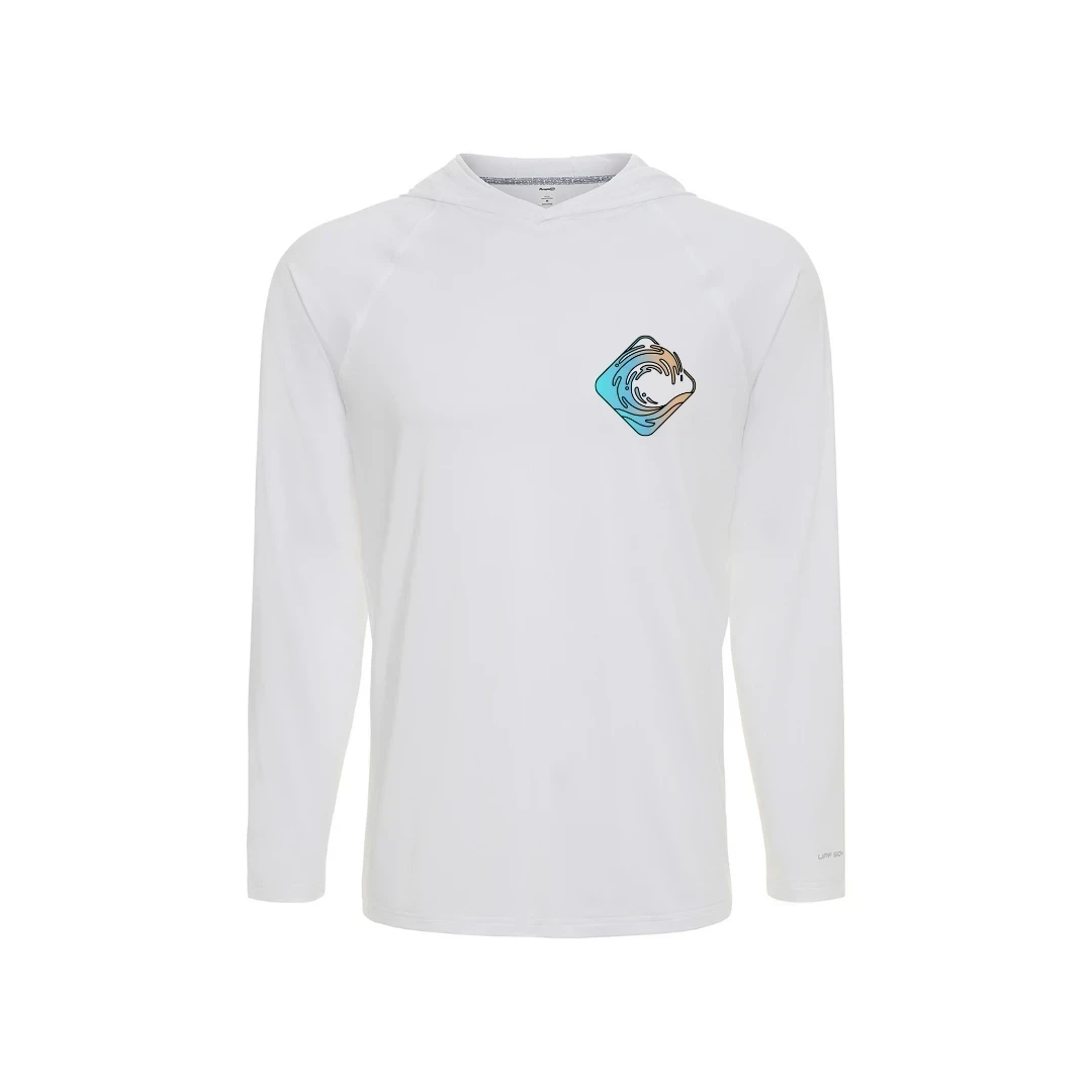 CULTUR white long sleeve hooded performance shirt with a wave graphic on the chest.