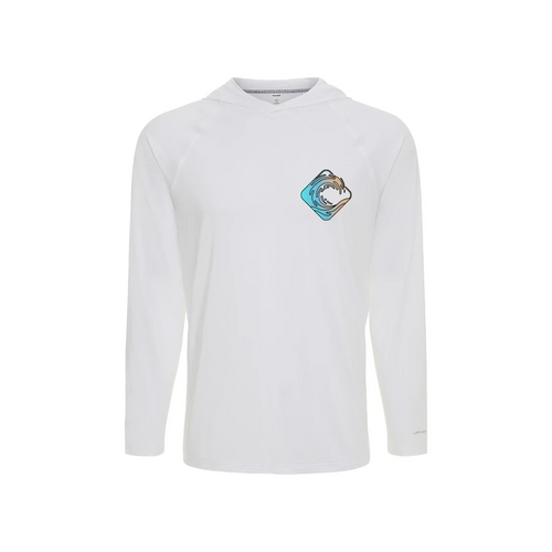 CULTUR white long sleeve hooded performance shirt with a wave graphic on the chest.