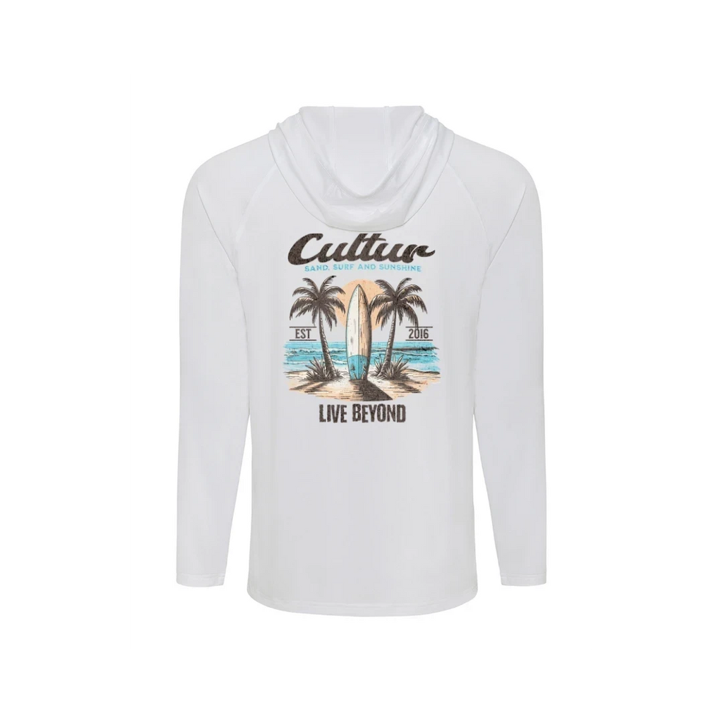 Cultur white long sleeve hooded performance shirt with a graphic of a surfboard between palm trees on a beach,