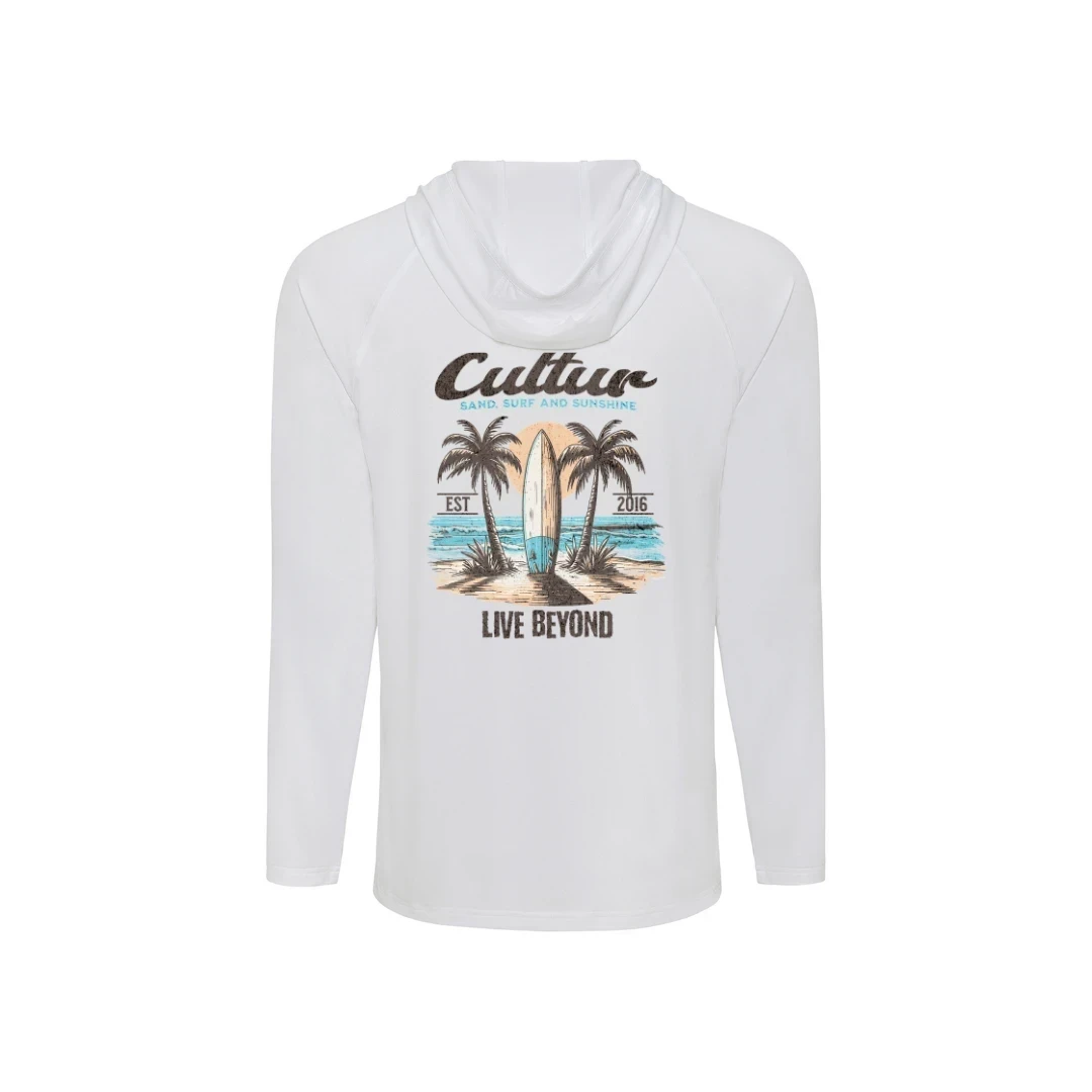 Cultur white long sleeve hooded performance shirt with a graphic of a surfboard between palm trees on a beach,