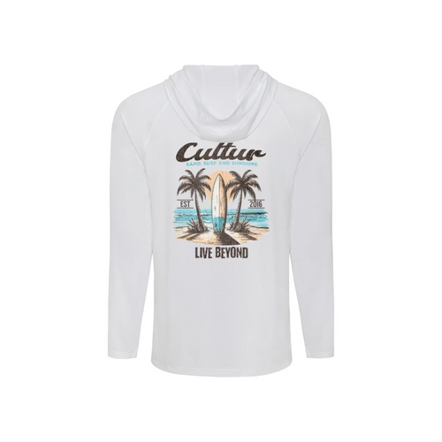Cultur white long sleeve hooded performance shirt with a graphic of a surfboard between palm trees on a beach,
