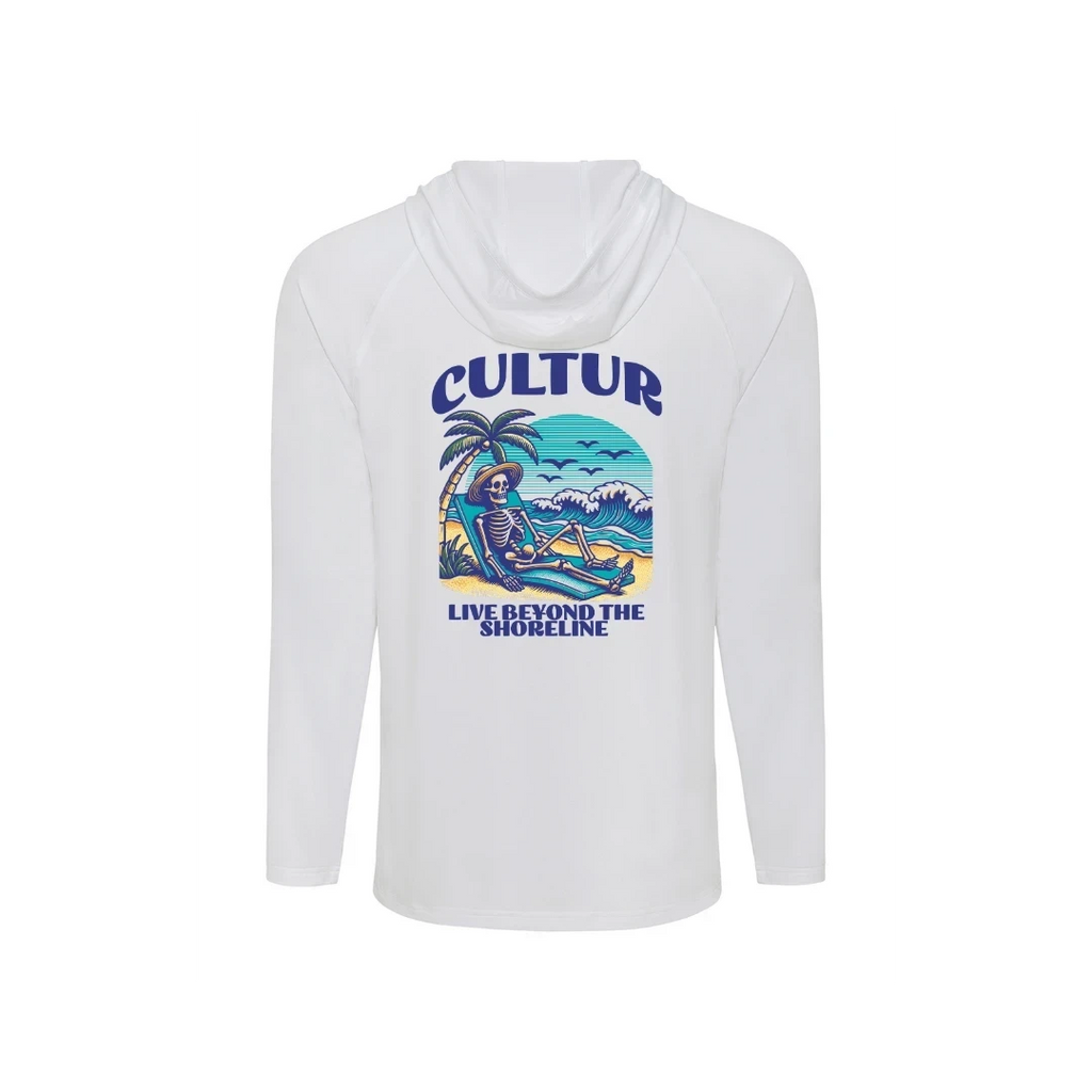 CULTUR white long sleeve hooded performance shirt with a skeleton relaxing on a beach chair graphic.