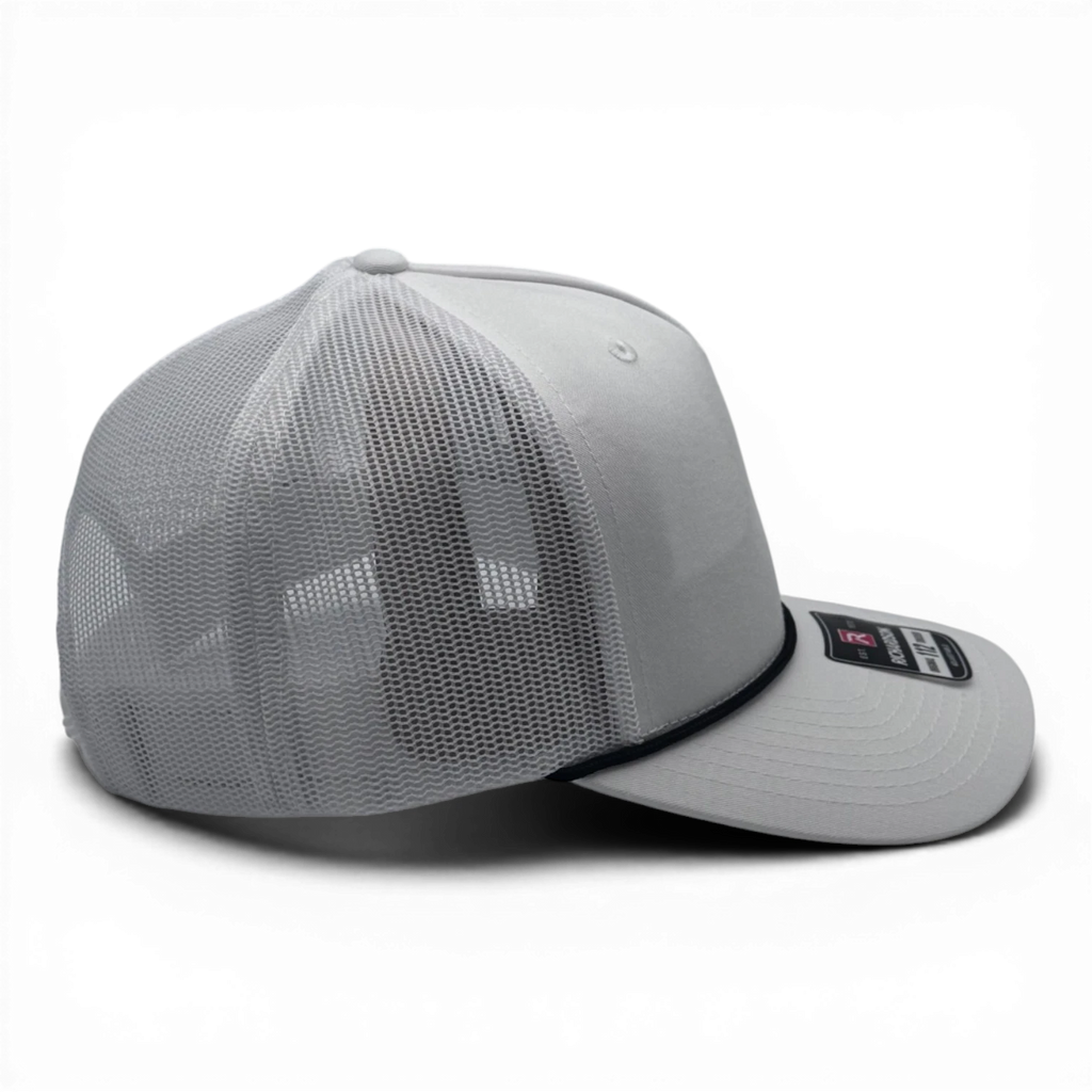 CULTUR white trucker hat with mesh back and tuna patch design, ideal for coastal living and sun protection.